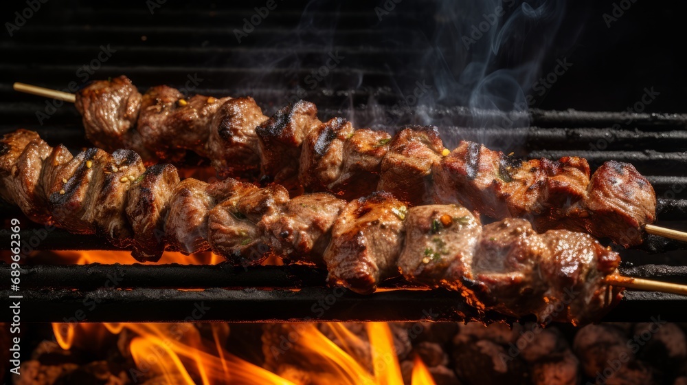 grilled shish kebab with sizzling skewers, mouthwatering bbq delight, food photography for culinary enthusiasts