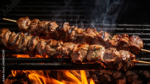 grilled shish kebab with sizzling skewers  mouthwatering bbq delight  food photography for culinary enthusiasts