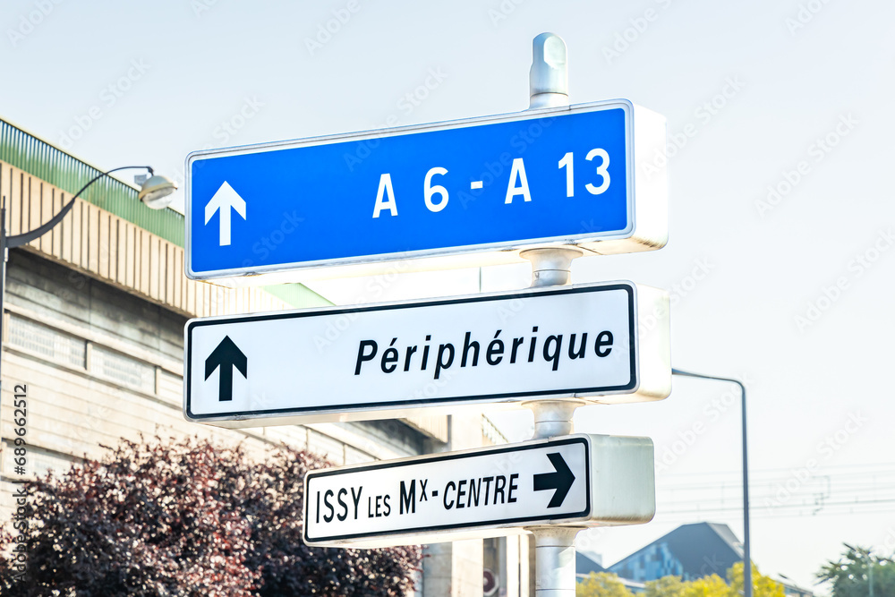 Obraz premium A6, A13 and Peripherique road sign outside the city of Paris, France