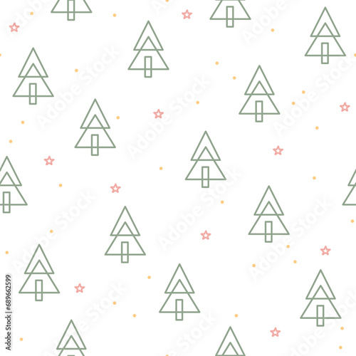 Seamless vector pattern with cute hand drawn Christmas trees and stars. Fun design. Winter Scandi lineart background for wrapping paper  textile  fabric  wallpaper  gift  card  packaging  apparel.