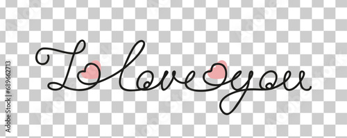 Inscription I love you in one line with heart vector without background design element for Valentine's day postcard in line art line in curves