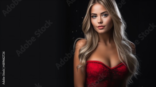 A woman at a Christmas party wearing a red dress against a black backdrop, Generative AI.