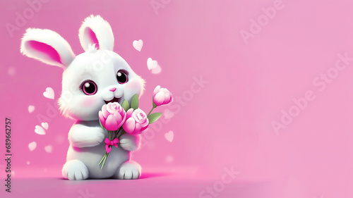 Cute white fluffy rabbit holding a bouquet of pink flowers