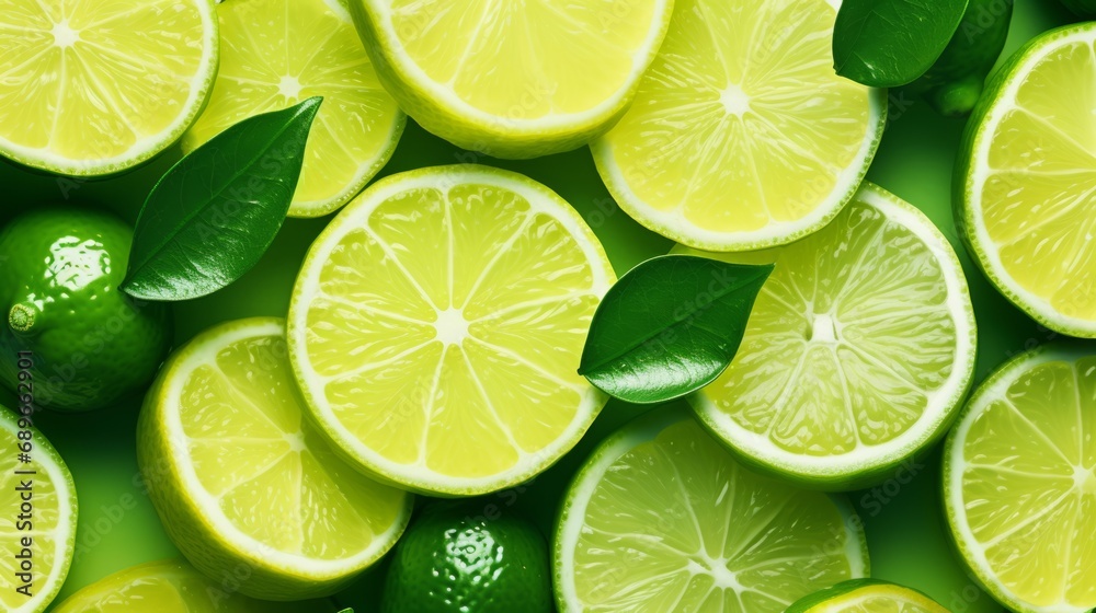 Vibrant Citrus Delight: Fresh Slices of Juicy Green Lemons and Limes, Summer Design, Flat Lay, Top View