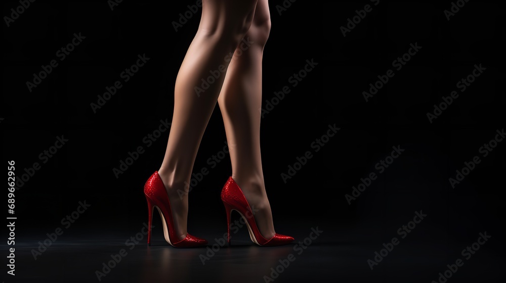 Red high heels on a woman's legs against a dark backdrop, Generative AI. - obrazy, fototapety, plakaty 