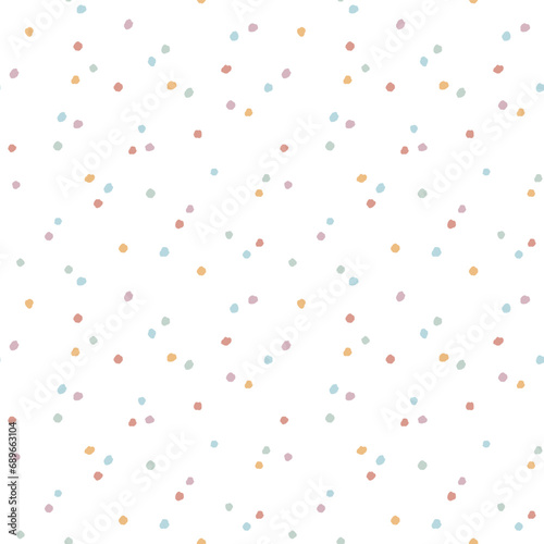 Cute hand drawn colorful confetti seamless vector pattern. Abstract polka dots theme illustration. Simple background for wrapping paper, textile, print, apparel, fabric, wallpaper, gift, packaging.