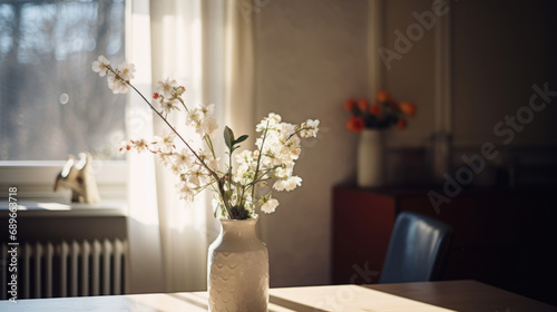 Minimalist lifestyle. Beautiful morning. Minimalistic Scandinavian interior, with a simple beautiful composition. Cozy workday styled photo. Spring or Summer