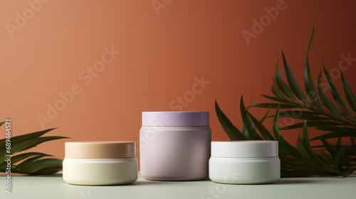 Various blank cosmetic container mock ups on pastel pink background