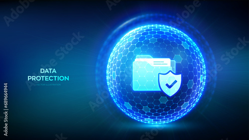 Data protection. Personal data security. Abstract 3D sphere or globe with surface of hexagons with Protected folder icon illustrates Cyber security. Internet privacy and safety. Vector illustration.