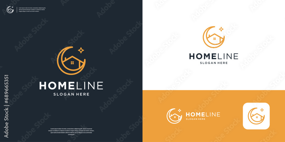 Minimalist home and moon logo with line art style