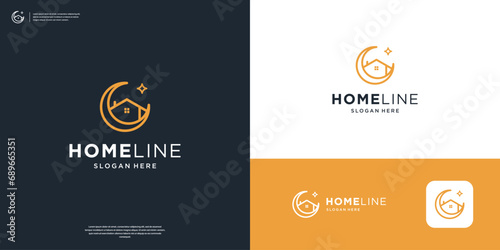 Minimalist home and moon logo with line art style