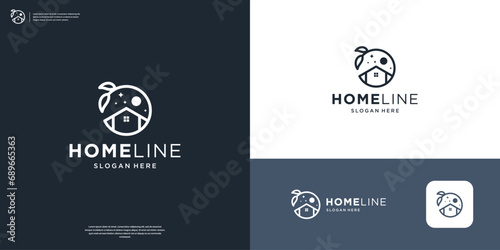 Home line art logo with circle leaf and moon icon