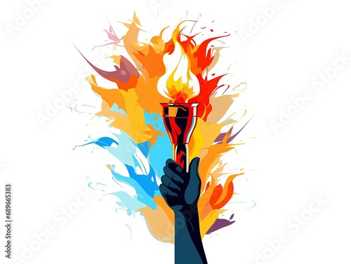 Hand holding the Olympic torch is a bright, colorful illustration of the Olympic Games symbol.