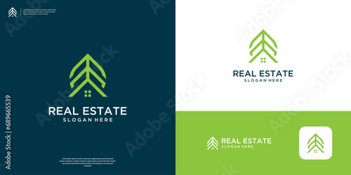 Home and leaf logo with abstract line art. Minimalist real estate logo design template.