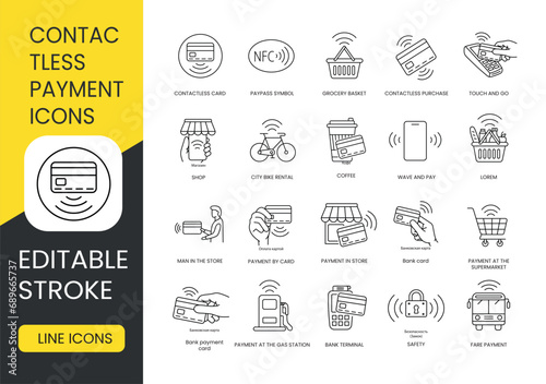 Contactless payment line icon set vector editable stroke, Contactless Purchase and PayPass Symbol, Touch and Go, Basket and Contactless Card, Wave and Pay, City Bike Rental and Payment for Products.