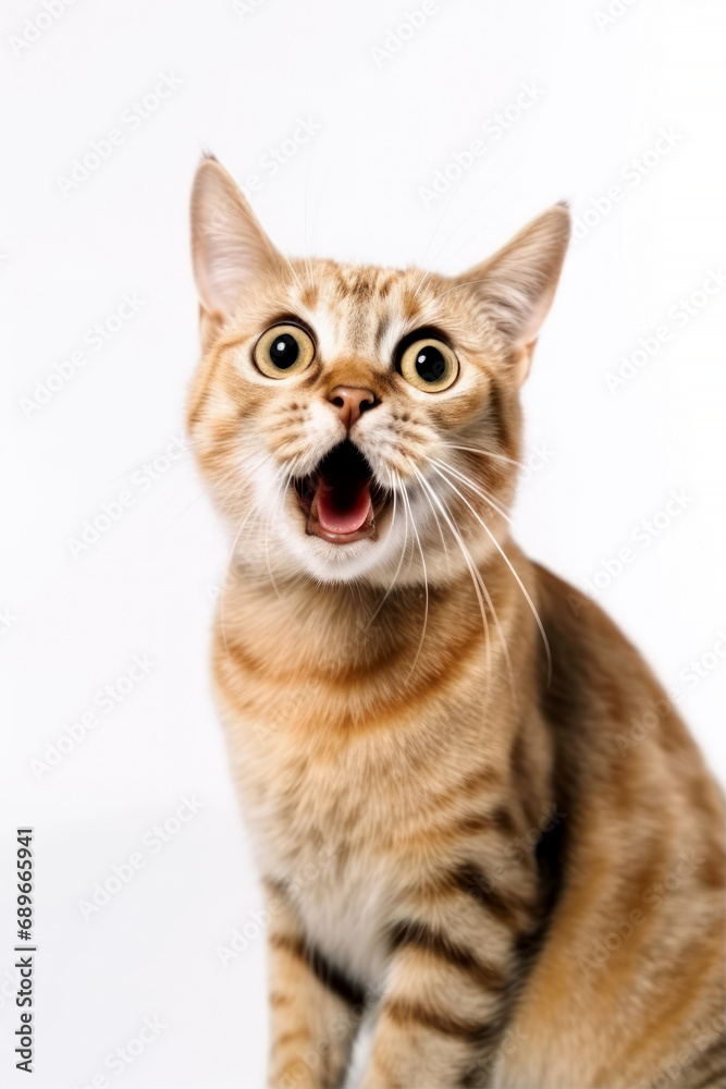 Funny surprised cat isolated on white background. Studio portrait of a cat with amazed face. Funny surprised cat isolated on white background. Studio portrait of a cat with amazed face.
