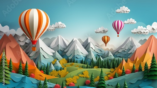 vibrant summer mountain landscape with hot air balloons, clouds, and birds - paper cut out art digital craft style - nature scenery photo