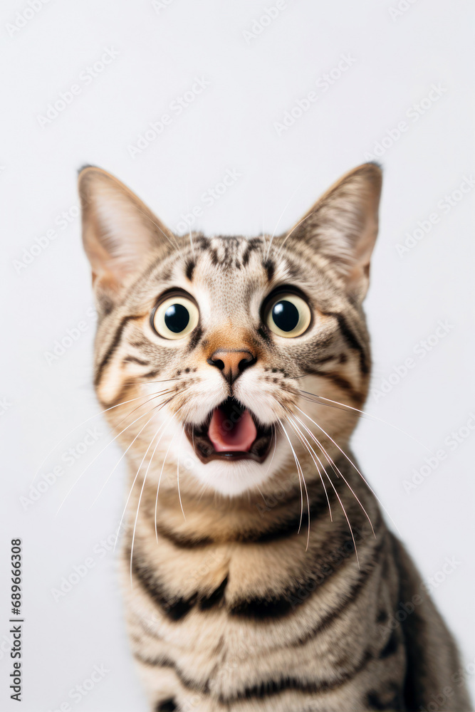 Funny surprised cat isolated on white background. Studio portrait of a cat with amazed face.