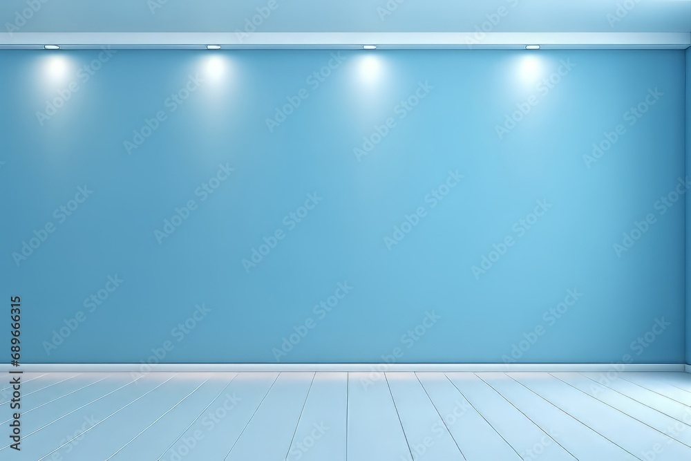 A light blue wall in the interior with built-in lighting and a smooth floor