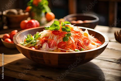 Thai papaya salad in brown dish on wooden table in asian kitchen with sunlight.