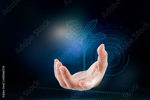 hand holding wireframe tree growing on dark blue technology background