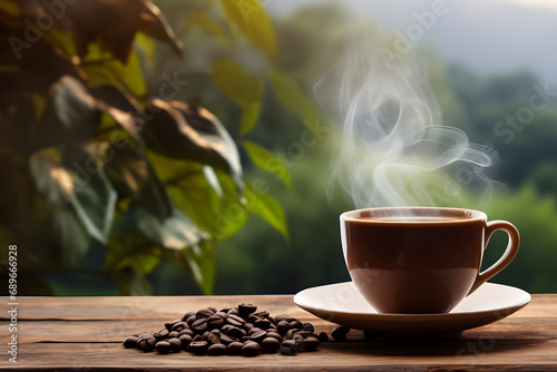 Coffee cup with smoke and coffee beans on wooden table on nature background. photo