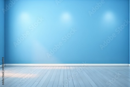 A light blue wall in the interior with built-in lighting and a smooth floor © DK_2020