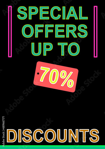 Black background. Sales poster up to seventy percent off.