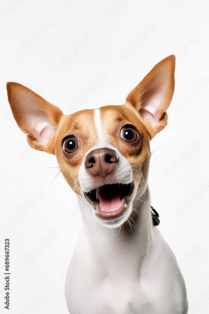 Funny surprised dog isolated on white background. Studio portrait of a dog with amazed face.