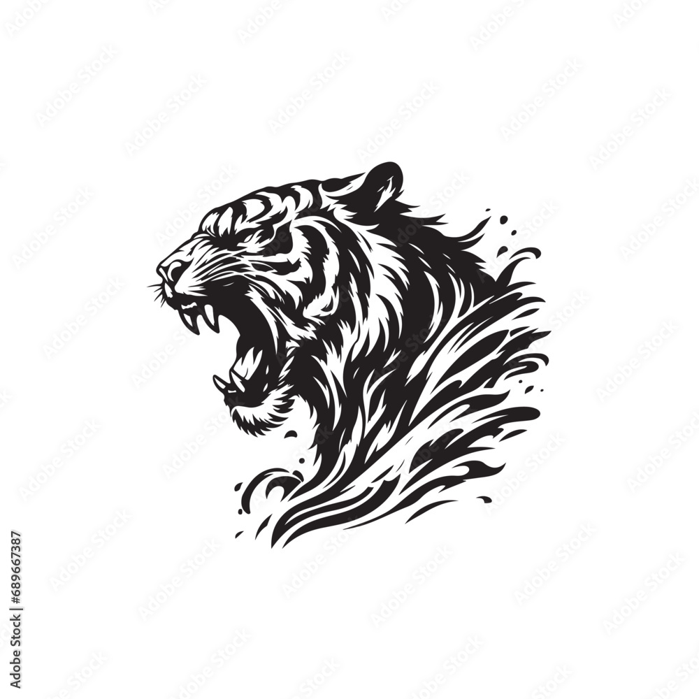 Fototapeta premium Bold Tiger Attack Silhouette with Dominant Roar and Striking Presence - Black Vector Tiger Roaring Silhouette 