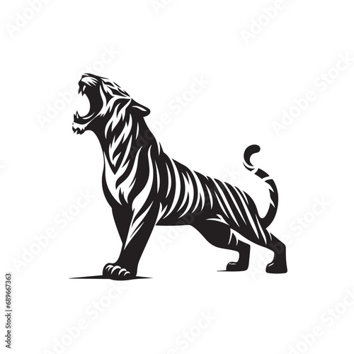 Striking Tiger Roaring Silhouette in the Act of Aggressive Confrontation - Black Vector Tiger Roaring Silhouette 