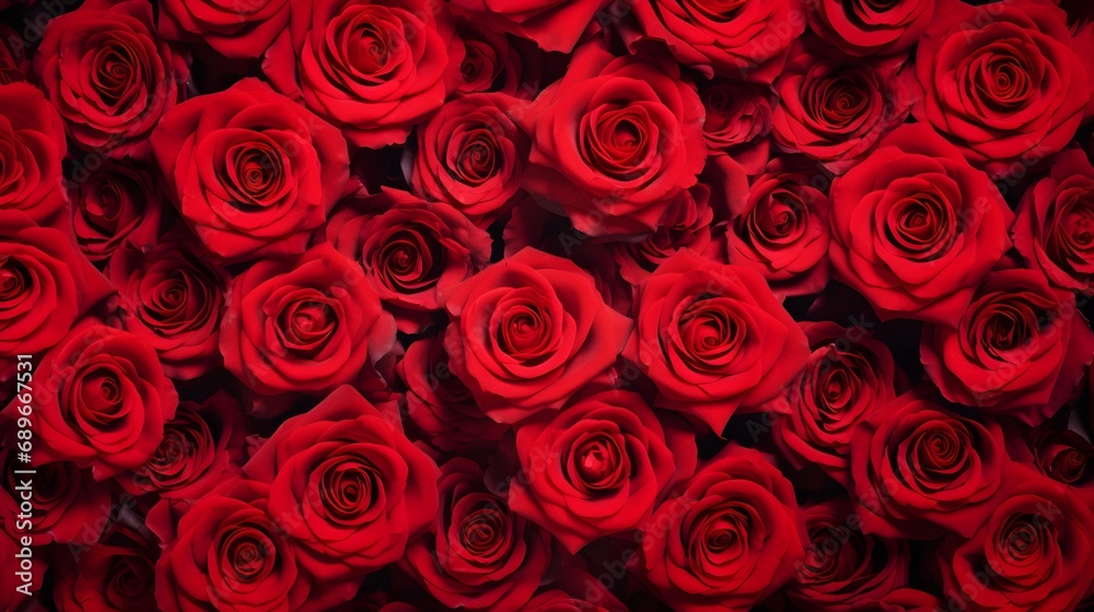 Natural fresh red roses flowers pattern wallpaper. top view. Generative AI