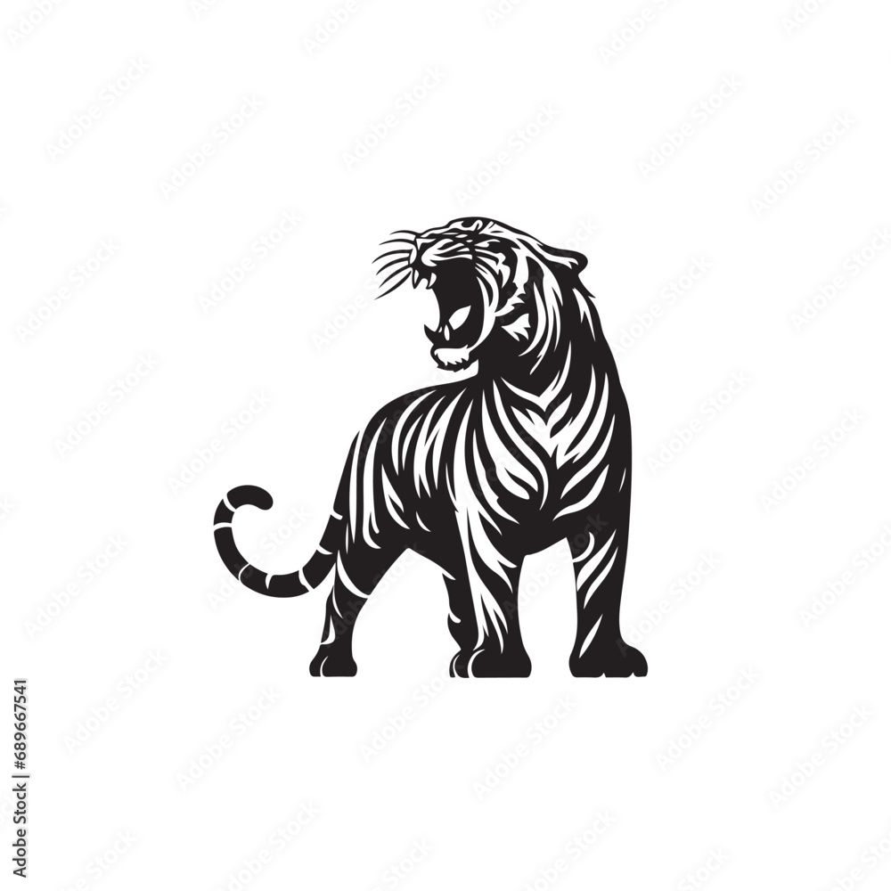 Fearless Tiger Roaring Silhouette Amidst an Intense and Aggressive Leap - Black Vector Tiger Roaring Silhouette


