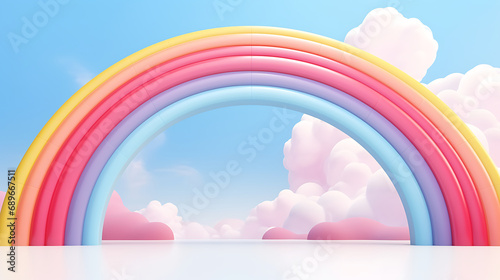 3d cartoon rainbow arch of colors in the sky on white background. 3d product background concept rain season for banner, cover, brochure. 3d rendering illustration. Generative Ai