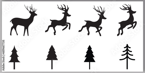 Vector black silhouette deer and forest design