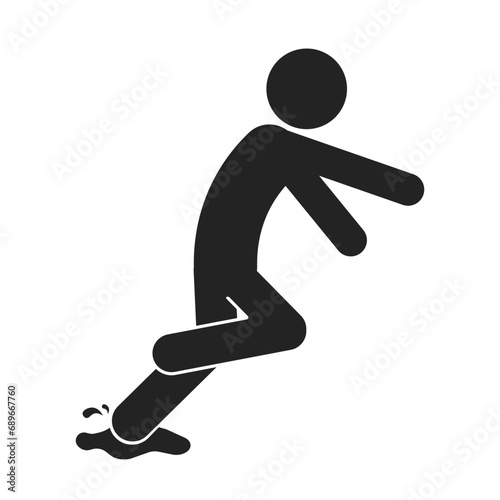 Isolated black pictogram sign of injury, accident, man fall water on floor, cleaning in progress, wet floor for industrial indoor safety sign