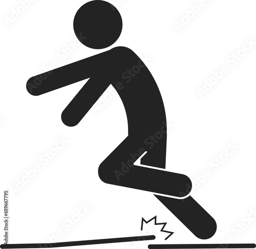 Isolated black pictogram sign of injury, accident, man tripped, uneven surface for industrial safety sign photo
