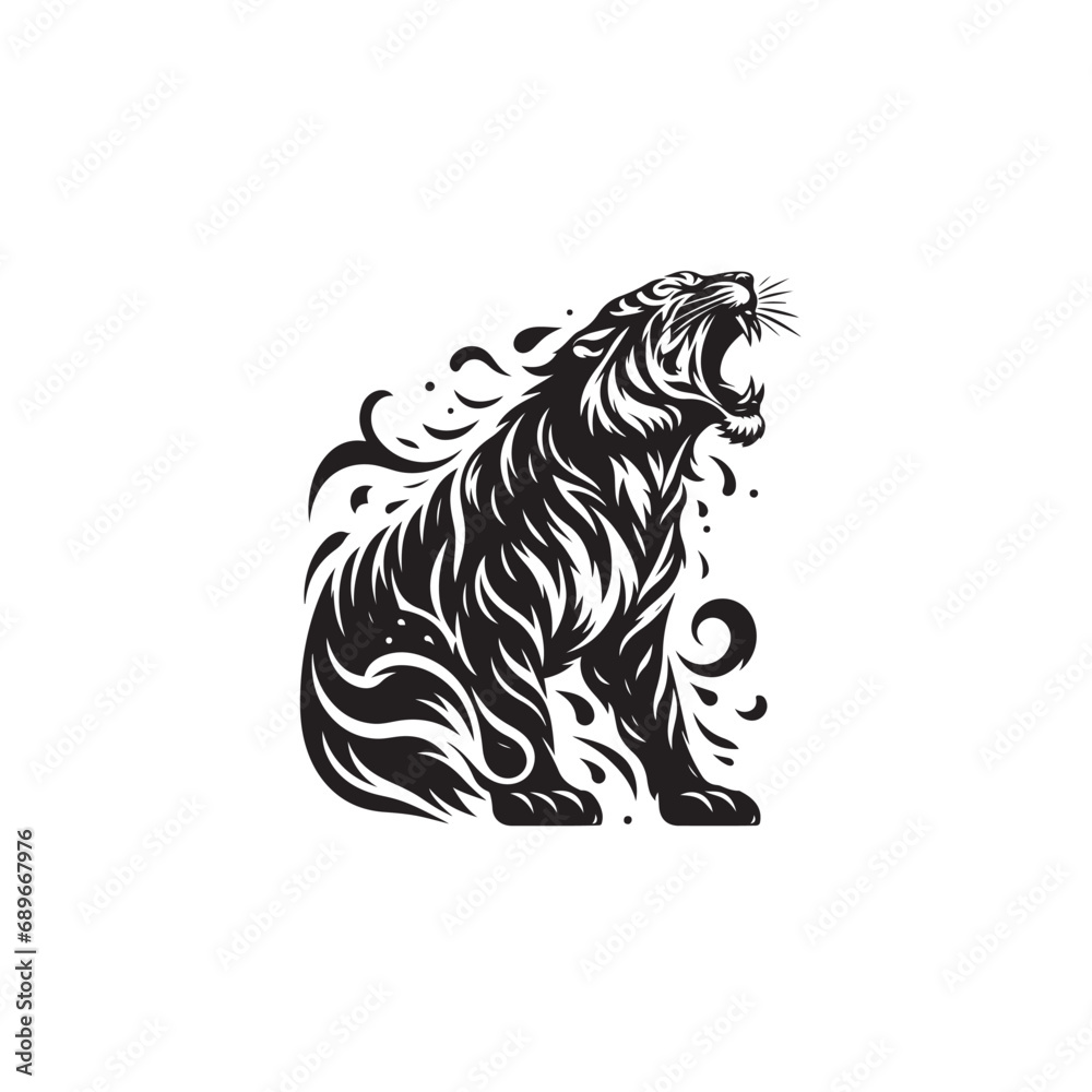 Aggressive Tiger Silhouette Roaring and Attacking - Black Vector Tiger Roaring Silhouette
