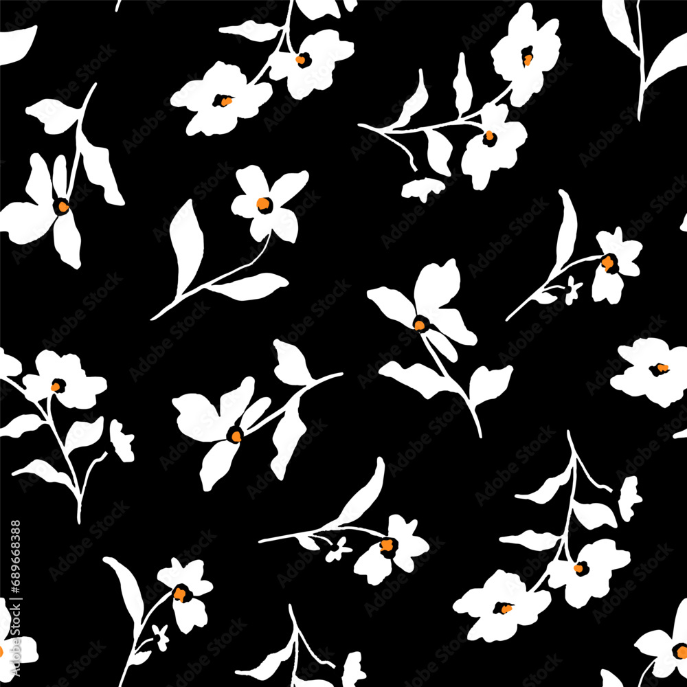 Abstract Hand Drawing Beautiful Spring Summer Ditsy Flowers and Leaves Seamless Vector Pattern Isolated Background