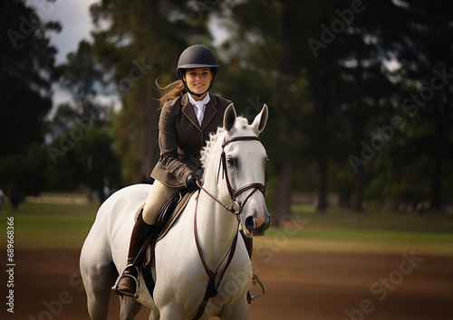 Professional female equestrian on horse on equestrian arena.Macro.AI Generative.