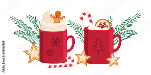 christmas winter cocoa drink cup set with gingerbread star and candy cane vector illustration EPS10