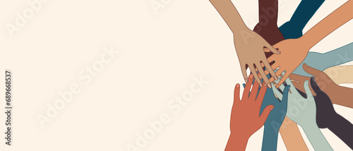 Group hands on top of each other of multicultural people. Community teamwork cooperation or ethnicity concept. Diverse culture. Equality diversity inclusion. Agreement between colleague