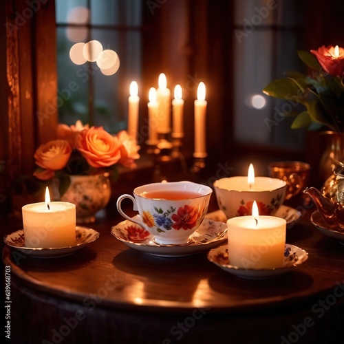 Glasses of tea with candles  elegant luxury vintage floral theme