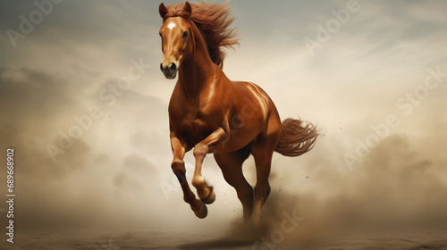 Horse galloping in dusty terrain.