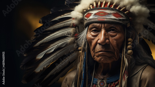 Elder with traditional feather headdress.