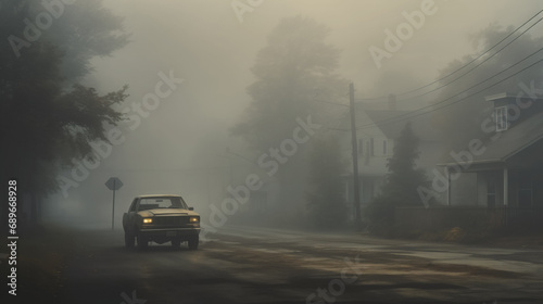 A lone car in misty suburban street.