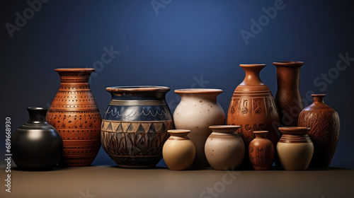 Assortment of handcrafted earthenware pottery. photo
