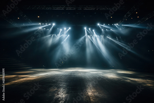 Empty stage with wooden floor in the rays of spotlights with cold light. Generated by artificial intelligence