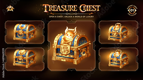 Treasure Chests Collection Unveiling a Realm from Basic to Upgraded Levels for RPG, Fantasy, and Medieval Games-Vector illustration Design