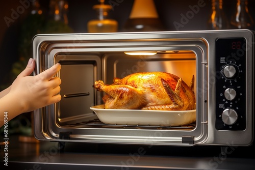 The woman taking the roasted chicken out of the microwave, Roasted chicken at the microwave, roasted chicken closeup view, microwave and chicken closeup